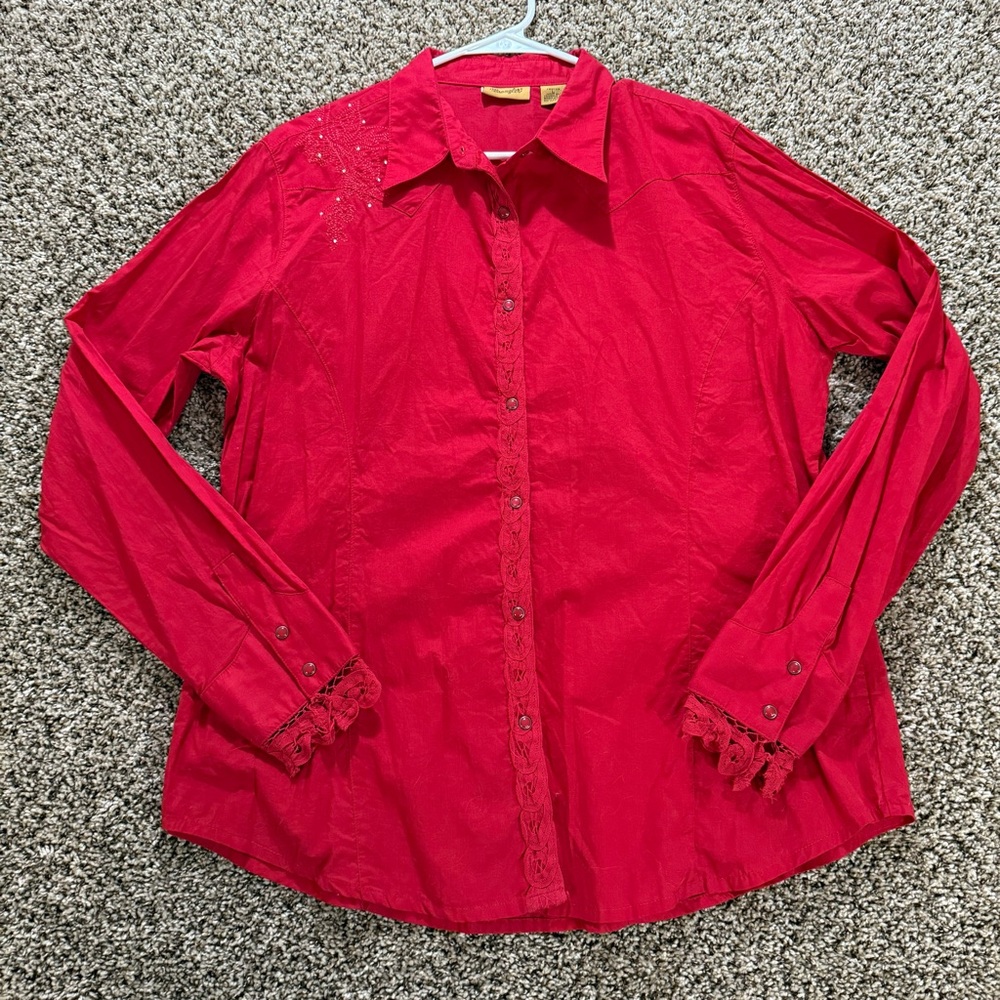 Wrangler Red Western Blouse Womens Size Large Pearl Snap Button Embroidered Lace